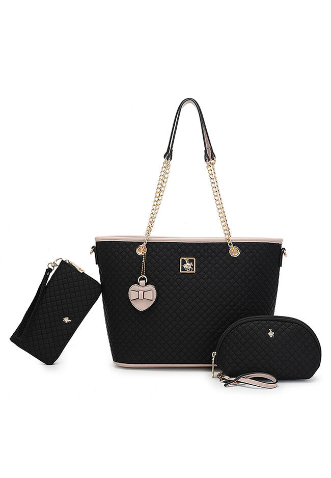 Women's 3 In 1 Quilted Bag + Pouch + Long Purse - HHP 3876
